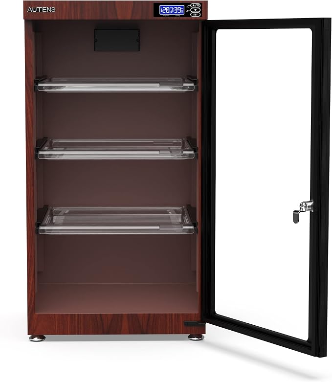 105L Dehumidifying Dry Cabinet Box, Wood grain Design Digital Control Noiseless and Energy Saving,4 layer for Camera Lens and Electronic Equipment Storage,Temperature Humidity LED Dual Screen