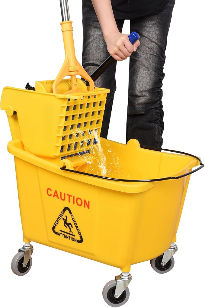 Side-Press Wringer Commercial Mop Bucket on Wheels, 35-Quart, Yellow Mop Bucket for Professional/Industrial/Business Heavy-Duty Floor Cleaning/Mopping