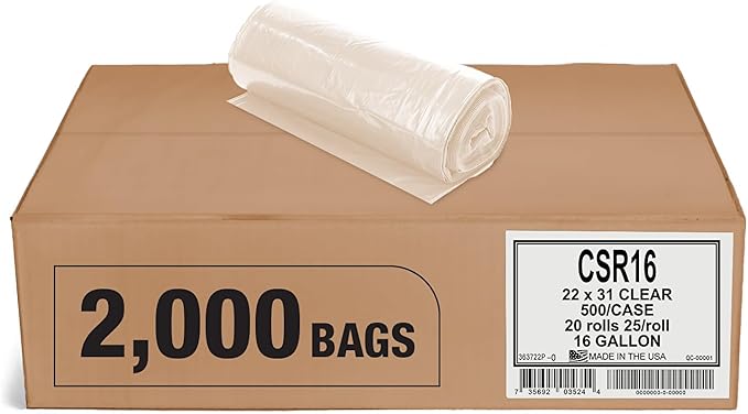 Aluf Plastics 12-16 Gallon 1 MIL (eq) Clear Heavy Duty Garbage Bags - 22" x 31" - Pack of 2000 - For Industrial, Recycling, Storage, & Outdoor