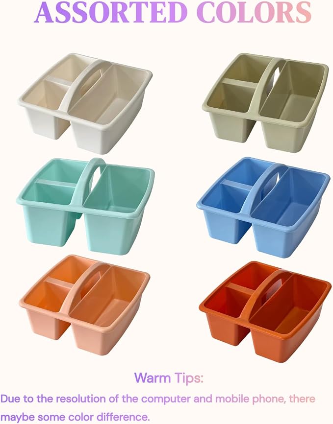 RAUVOLFIA Set of 6 Classroom Caddy, Small Plastic Storage Caddy with Handle for Classrooms, Home and Office Organization, 3 Compartment (Boho)