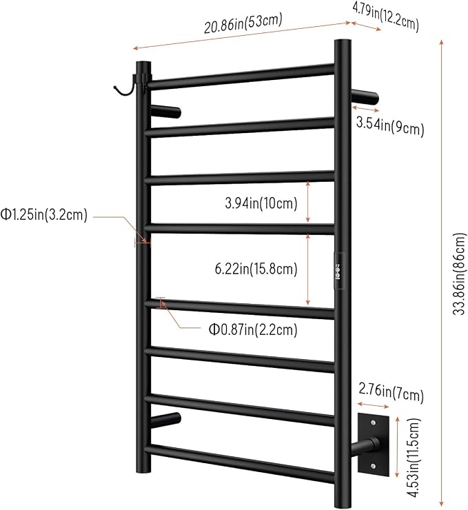 Wall Mounted Towel Warmer 8 Bars with Plug-in and Hardwired Options 3 Working Modes Black Stainless Steel 21” W 34” H