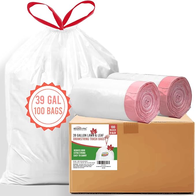 BEIDOU-PAC 39 Gallon Trash Bags Drawstring, 100 Count Bulk, White | Unscented | Heavy Duty Multi-purpose Garbage Bags Can Liners for Business Home Kitchen Commercial and Industrial