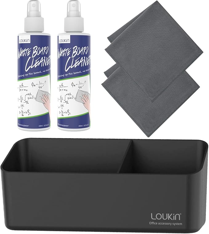 loukin Whiteboard Accessories Bundle | Non-toxic Whiteboard Cleaner Kit (8.5 fl oz) 2 PackMagnetic and Adhesive Marker Holder (Black)