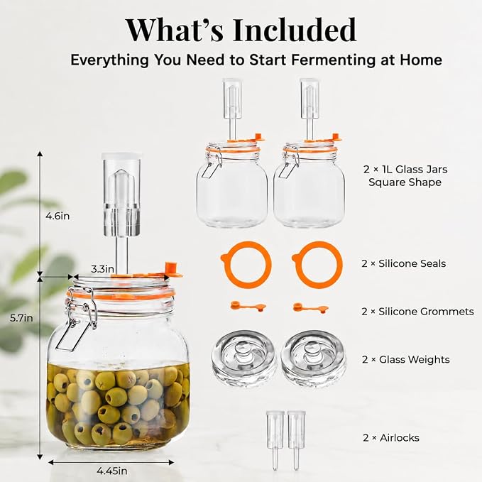 1L Wide Mouth Fermentation Jars, Pack of 2 Complete Fermenting Kit with Airlocks & Glass Weights for Sauerkraut, Kimchi & Pickles