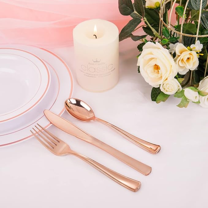 WDF160 Piece Rose Gold Disposable Cutlery Set - Heavyweight Plastic Silverware - Includes 80 Forks, 40 Spoons, 40 Knives - Rose Gold Silverware Perfect for Wedding Party Birthday