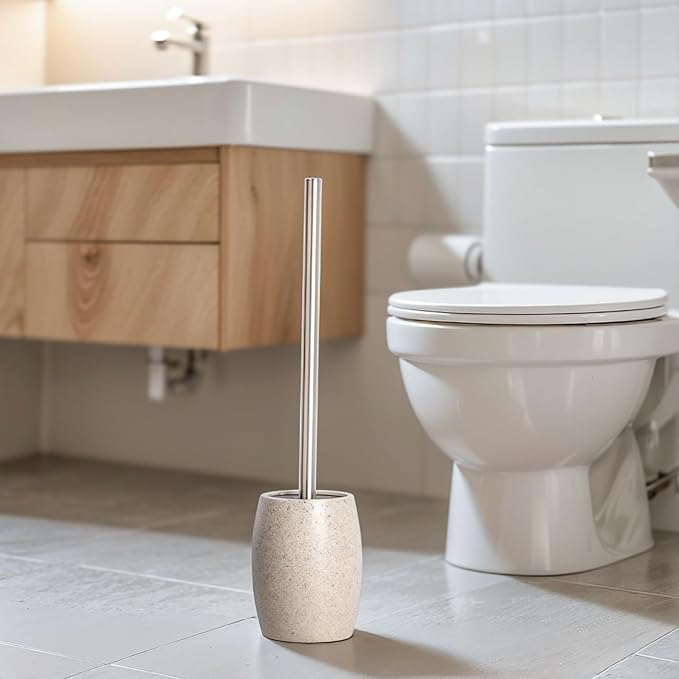 Clasin Home Toilet Bowl Brush and Holder with Stainless Steel Long Handle, Toilet Scrubber Brush with Durable Base, 360° Deep Cleaning Bristles for Bathroom, Compact Set for Small Space (Beige)