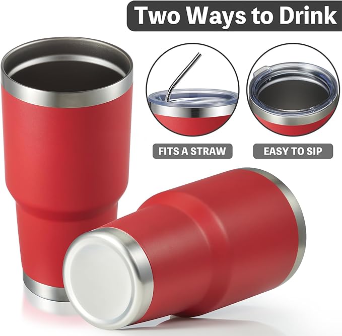 MEWAY 30oz Insulated Tumbler With Lids and Straws,Stainless Steel Double Vacuum Coffee Tumbler Cup, Brush, Durable Powder Coated Coffee Cup for Cold & Hot Drinks, Office, Travel(Coral red,8 PACK)