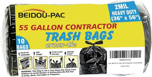 BEIDOU-PAC Contractor Heavy Duty Trash Bags 55 Gallon | 10 Count | 2 MIL | 36" X 56" | Large Black Flap Tie Construction Garbage Bags for Business Home Commercial, Industrial, Storage, Outdoor