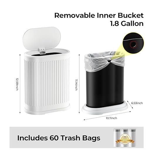 1.8 Gallon Bathroom Trash Can with Lid, Small White Stainless Steel Press Top Garbage Can, Removable Inner Bucket, Includes 60 Trash Bags