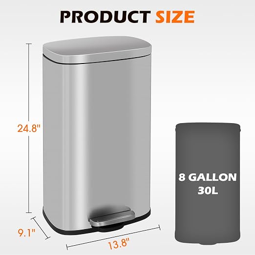 BestOffice 8 Gallon (30L) Trash Can with Lid Garbage Can Commercial Trash Can with Soft-Close Foot Pedal Fingerprint Proof Stainless Steel Can for Kitchen Home Office Bedroom Bathroom