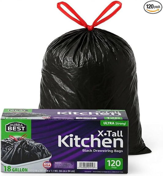 Heavy-Duty Trash Bags – 120 count, 18 Gallon Black, Ultra Thick Drawstring Garbage Bags – Leak-Resistant for Home & Commercial Use, Big Trash Bags, Made in USA