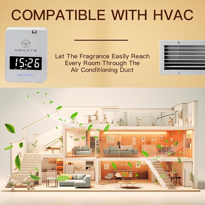 Smart HVAC Scent Machine, Covers 3000 Sq.Ft, Oil Level Monitoring | 300ML Waterless Essential Oil Diffuser, Cold Air Tech, Built-in Clock, for Home, Hotel, Office, Shopping Mall