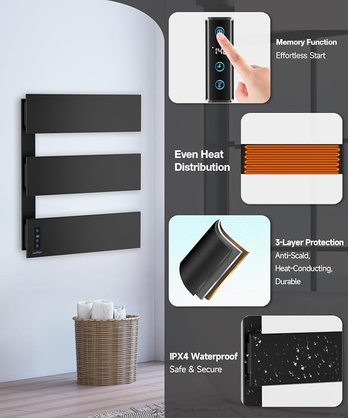 Heated Towel Racks For Bathroom, Large Towel Warmer Rack With 3 Bar, Smart LED Control, Built-in Timer & Temperature, 21.6" X 17.7", 100 - 140°F, Plug-in & Hardwired, Fast Heating, Elegant Matte Black