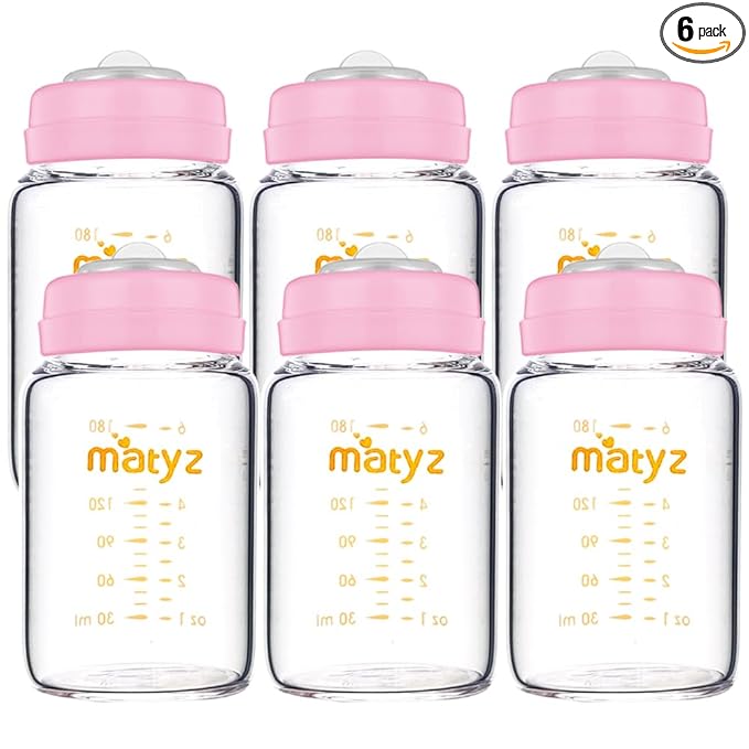 Matyz Glass Breastmilk Storage Containers, 6 Pack, 6 oz Bottle, Compatible with Spectra Medela Philips Pump - Freezer Safe Storage Bottles Set - Leakproof Glass Baby Bottles - No BPA (Pink Lids)