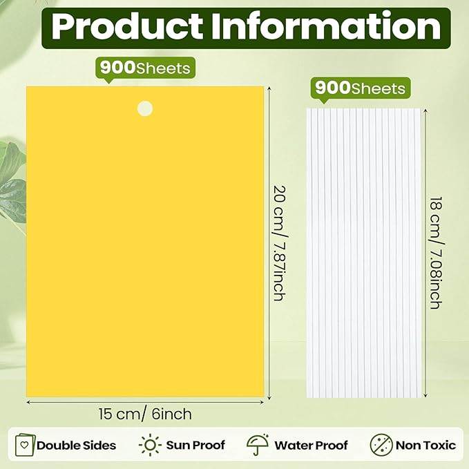 Qualirey 900 Pcs 6x8 Inch Yellow Sticky Traps for Gnats, Dual-Sided Sticky Gnat Traps for Indoor Outdoor, Fly Catcher for Fungus Gnats, Fruit Flies, Whiteflies– Bulk Pack with Twist Ties