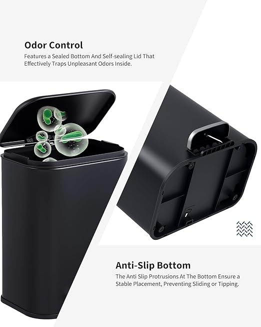 1.3 gal/5L Stainless Steel Kitchen Trash Can, Step-on Recycling Bin with Soft Close Lid, Removable Inner Bucket, Rectangular Wastebasket for Office Living Room, Black