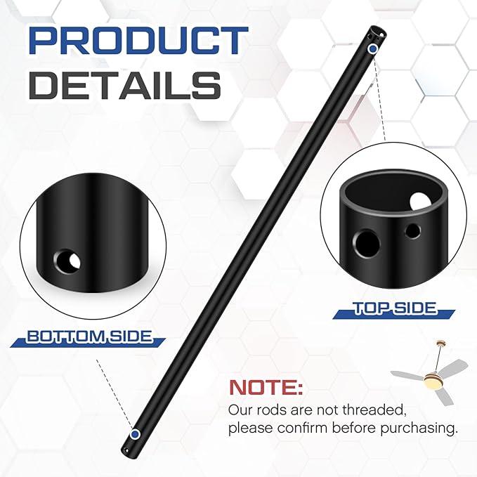 VIHOSE 36 Inch Ceiling Fan Downrod with Extension Cord 3 ft Black Downrod for Ceiling Fan 1 Inch Outside Diameter Not Threaded Suitable for a Wide Range of Fans