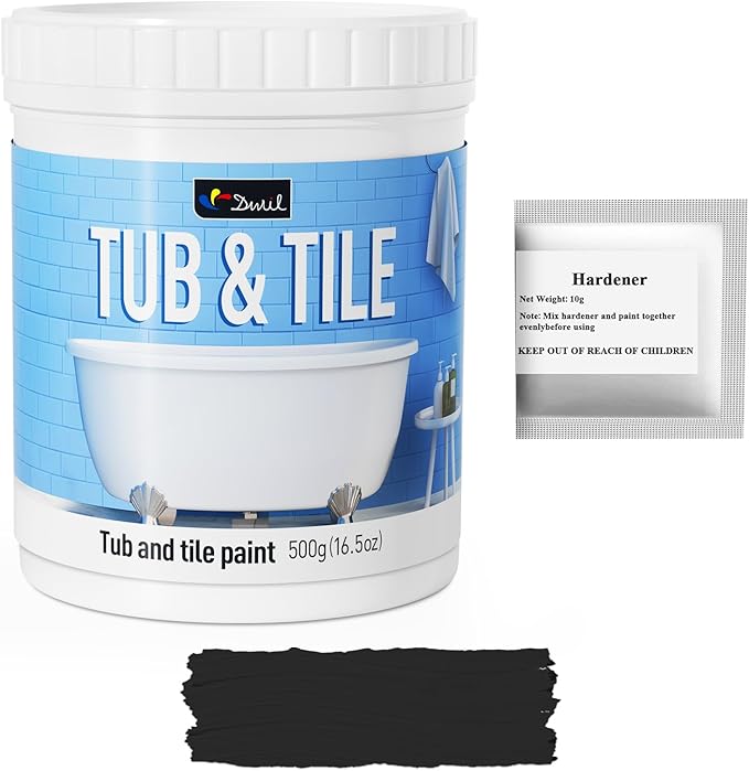 DWIL Tub and Tile Paint 16.5 oz, Tub Paint for Bathtub, Tile Refinishing with Hardener, Water Based, Low Odor, Semi-Gloss Black, 25-30sq.ft