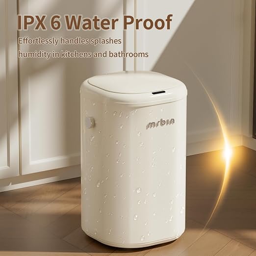 MRBIN Metal Automatic Tall Kitchen Trash Can with Lid, 18L / 4.8gal Slim Motion Sensor Waste Basket, Touchless Electric Garbage Bin for Office and Bathroom, Cream White