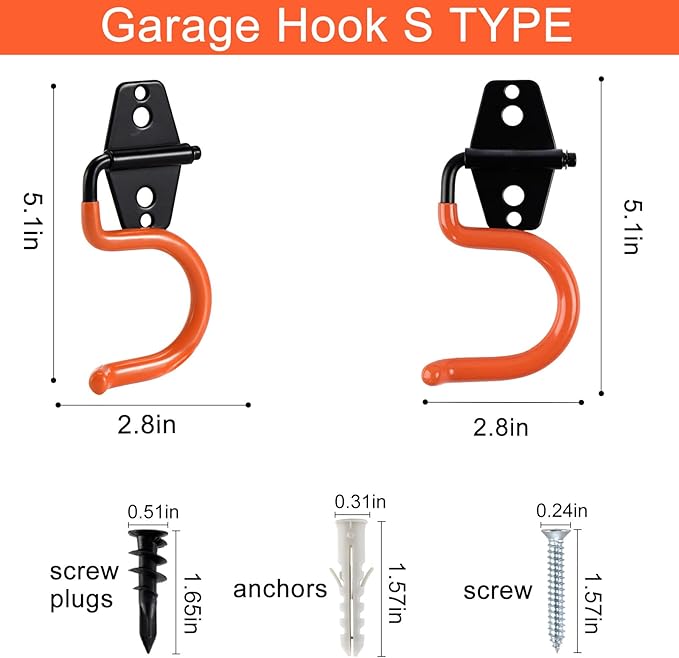 AOBEN Garage Hooks Heavy Duty, Steel Garage Storage Hooks, Utility Tool Hangers and Combinable Wall Mount Garage Hooks for Organizing Ladders, Bikes, Hoses, and More Equipment (S Hooks, 4 Pack)