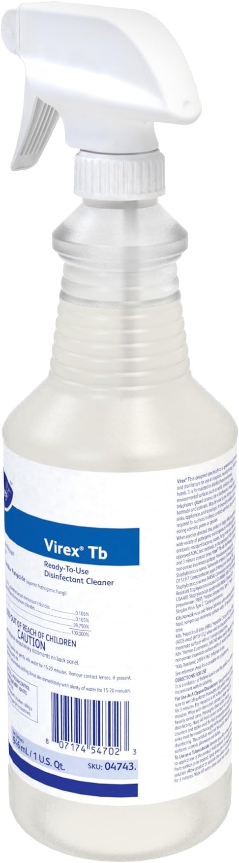 VIREX Diversey Tb 04743. Disinfectant Cleaner, Hospital Use Tuberculocidal, Virucide, Fungicide with Lemon Scent, Ready-to-Use Liquid, For Home & Commercial Use, 32-Ounce