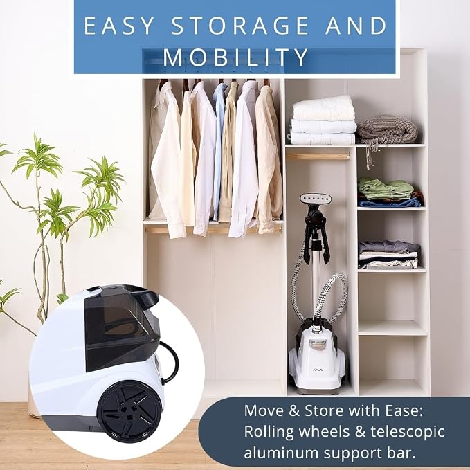 SALAV Commercial-Grade Standing Garment Steamer for Clothes with Auto-Off Safety 1800W Powerful Steam X-Large 3L Water Tank, 90-Min Continuous Use, Pedal-Control System, Beeps when Out of Water, White