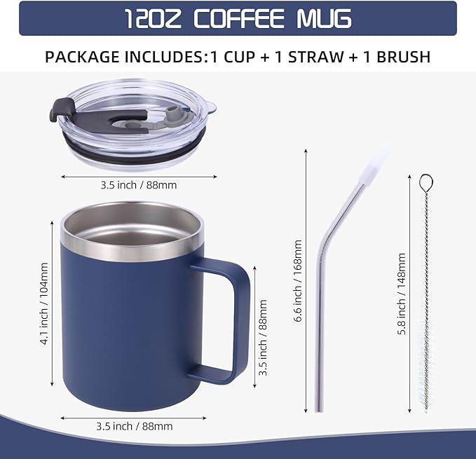 Volhoply 12oz Insulated Leakproof Coffee Mug with Sliding & Straw Lid Bulk 2 Pack,Double Wall Vacuum Stainless Steel Travel Tumbler Cup with Handle,Camping Mugs Keep Cold/Hot(Assort color,2 Set)