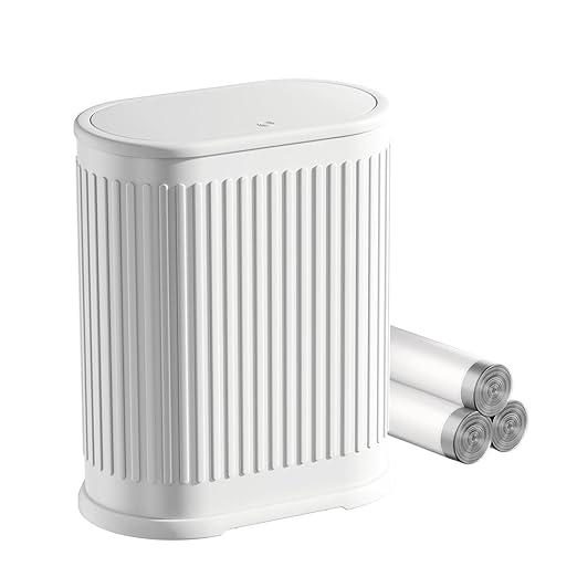 1.8 Gallon Bathroom Trash Can with Lid, Small White Stainless Steel Press Top Garbage Can, Removable Inner Bucket, Includes 60 Trash Bags