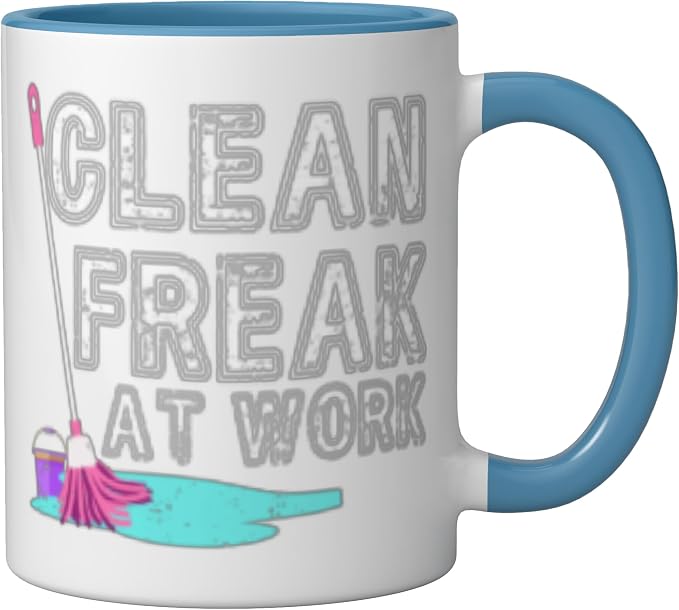 Clean Freak at Work Cleaning Ceramic Mug, Blue/White