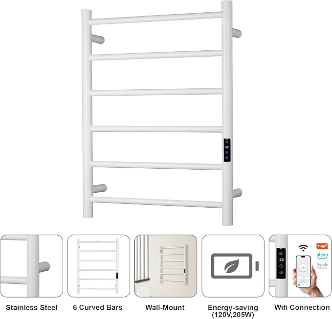 Electric Towel Rack with Voice Control for Alexa & Google Home,TUYA-Wall-Mounted Bathroom Heating Towel Warmer,Plug-in,26.77x20.47x4.39in,Stainless Steel Material,White,6 Bars