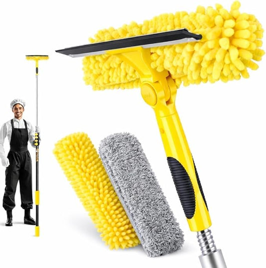 24FT High Reach Window Squeegee with Extension Pole, 2-1 Window Washing Kit with 5-Stage Telescopic Pole & Rotatable Head, No-Ladder Window Cleaner for High Window, Solar Panel, RV & Outdoor Glass