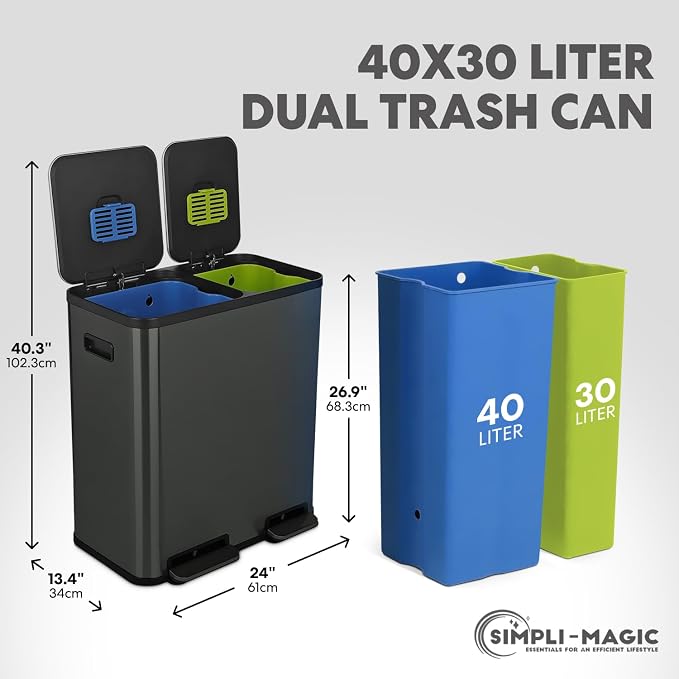 SIMPLI-Magic 18.5 Gallon (70L) Dual Compartment Kitchen Trash Can - Hands-Free Step Pedal, Soft-Close Lid, Stainless Steel Recycling Bin with Odor Filter (40L + 30L), Black