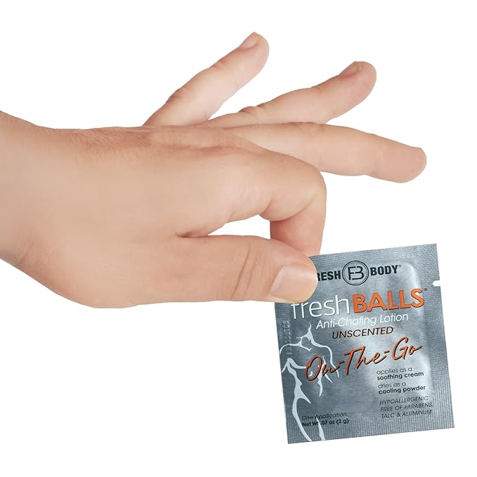 Fresh Body FB - Fresh Balls On-The-Go Anti Chafing Lotion, 0.07 Fl Oz Travel Size Packet (30 Pack) - Ball Deodorant for Men and Soothing Chafing Cream to Powder Hygiene for Groin Area