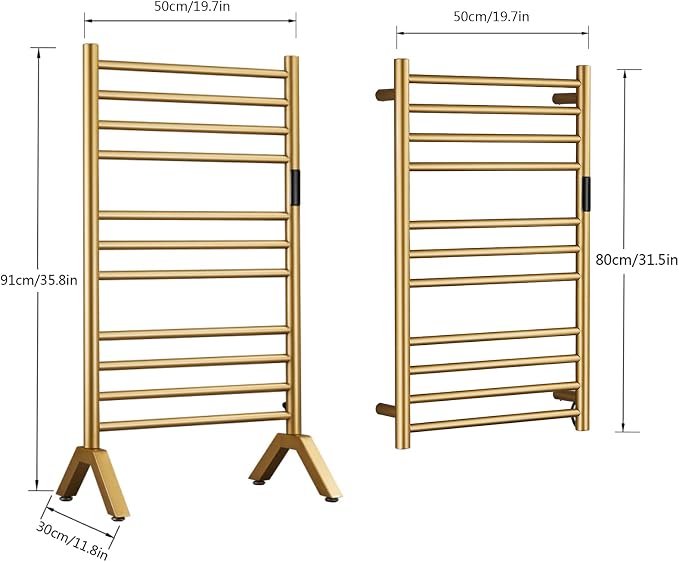 Electric Towel Warmers Radiator with Timer Gold, 140W Wall-Mounted & Freestanding Heated Towel Drying Rack with 11 Bars, 304 Stainless Steel Heated Towel Rail for Bathroom, Plug-in