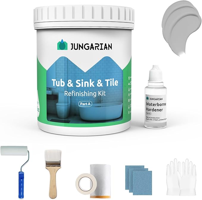 Tub and Tile Refinishing Kit 35oz with Tools, Low Odor DIY Bathroom Paint Sink Tub Countertop Tile Shower Paint for Bathroom Kitchen Porcelain Fiberglass, Semi-Gloss Light Grey