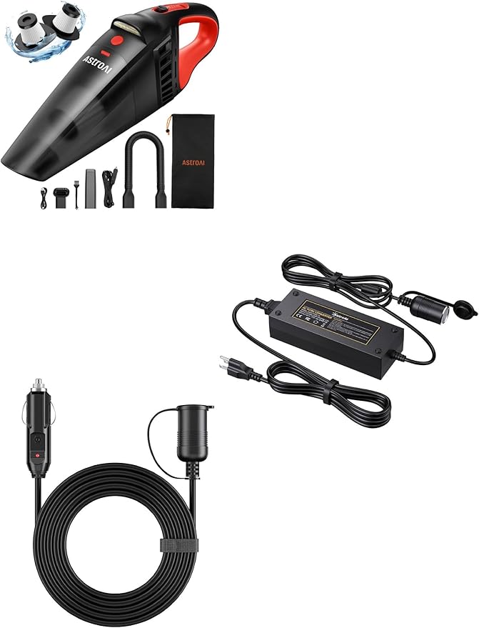 AstroAI Handheld Car Vacuum Cordless with Accessories, Portable Vacuum Cleaner with 12V DC Power and AC to DC Converter 10A/110V to12V Converter and 12Ft/12V Cigarette Lighter Extension Cord