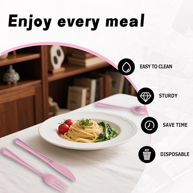 Plastic Silverware 300 PCS Disposable Silverware Heavy Duty Utensil Sets 100 Of Each Forks Knives & Spoons Disposable Cutlery Set For Easter,Birthday,Baby Shower,Garden Party,Wedding(300,Pink)