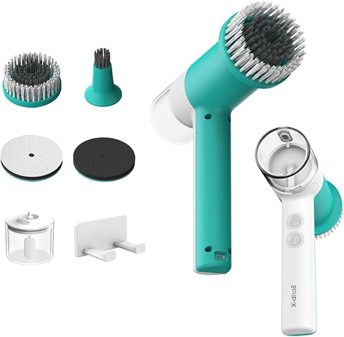 Dual-Rotation Electric Spin Scrubber, Cordless Shower Scrubber - IPX5 Waterproof Multi-Surface Cleaning Brush for Bathroom, Kitchen, Tile, Glass & More - Includes 4 Brush Heads