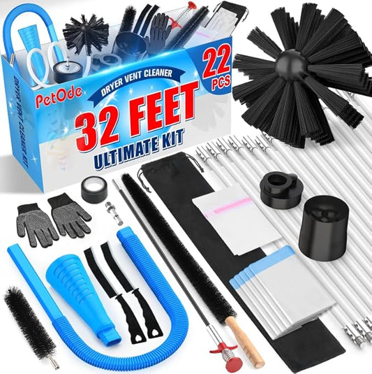 PetOde 32-Feet Dryer Vent Cleaner Kit, Dryer Vent Cleaning Kit Lint Remover with Dryer Vent Brush, Vacuum Hose Attachment Cleaning Tools, Flexible Lint Trap Brush, Vacuum & Dryer Adapters