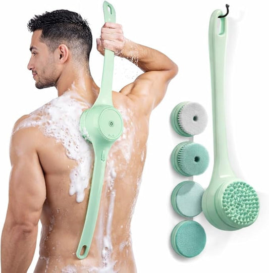 ME JO Electric Body Brush Back Scrubber for Shower | Massaging Spin Brush | 5 Replacement Heads | Waterproof | Rechargeable |Shower Back Scrubber for Men Women | Exfoliating Bath Brush(Green)