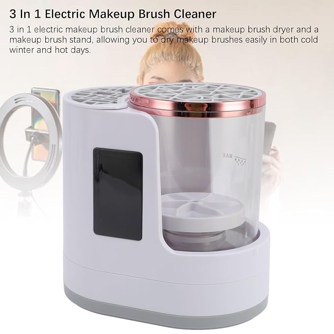 3 in 1 Electric Makeup Brush Cleaner, Automatic Makeup Brush Washer with High Speed Rotating Water Flow and Drying Stand, for Home Cosmetic Brush Cleaning