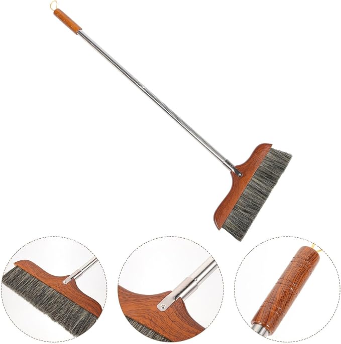 Yardwe Horse Hair Soft Bristle Broom Wooden Handle Angle Broom Floor Cleaning Broom Hair Removal Sweeper Carpet Sweeping Brush for Indoor Outdoor Kitchen
