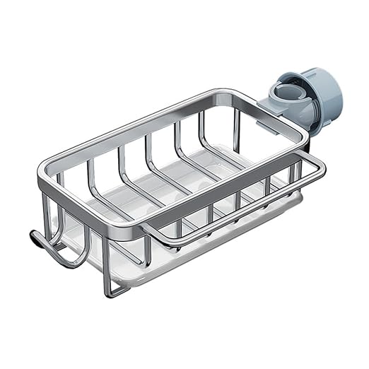 Kitchen Sink Faucet Organizer, Left Sponge Holder Over Faucet Sink Caddy with Drip Tray, Detachable Hanging Faucet Drain Rack for Scrubbers, Soap, Bathroom, Fits 0.7-1.1in Round Pipe (Silver)