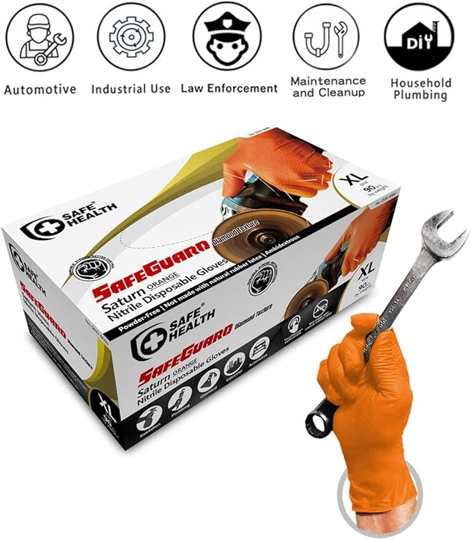 Safe Health Nitrile Industrial Disposable Gloves, Black 6 Mil, Orange 8 Mil, Diamond Textured