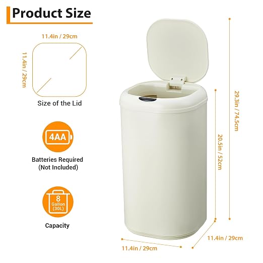 30L (8 Gallon) Beige Stainless Steel Motion Sensor Trash Can - Touchless Automatic Lid, Cylindrical Smart Waste Bin for Kitchen Bathroom Living Room Home Office