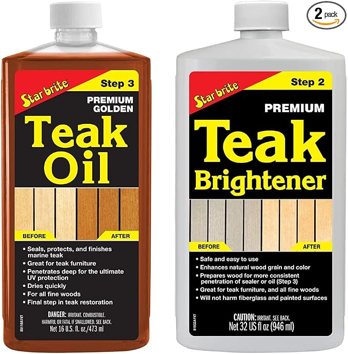 STAR BRITE Premium Golden Teak Oil - Sealer, Preserver & Finish for Outdoor Teak & Other Fine Woods - Step 3-16 OZ (085116PW) & Premium Teak Brightener - Step 2-32 OZ (081532)