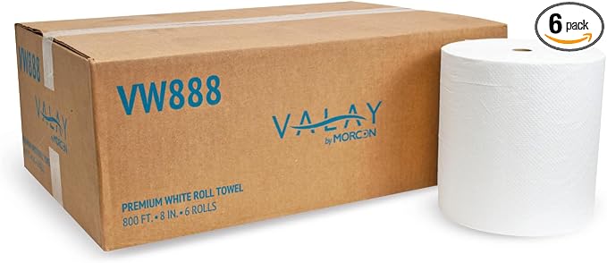 Valay by Morcon VW888 Valay Premium Hardwound Roll TAD Towels, 1-Ply, 8in. x 800 ft., White, 6 Count