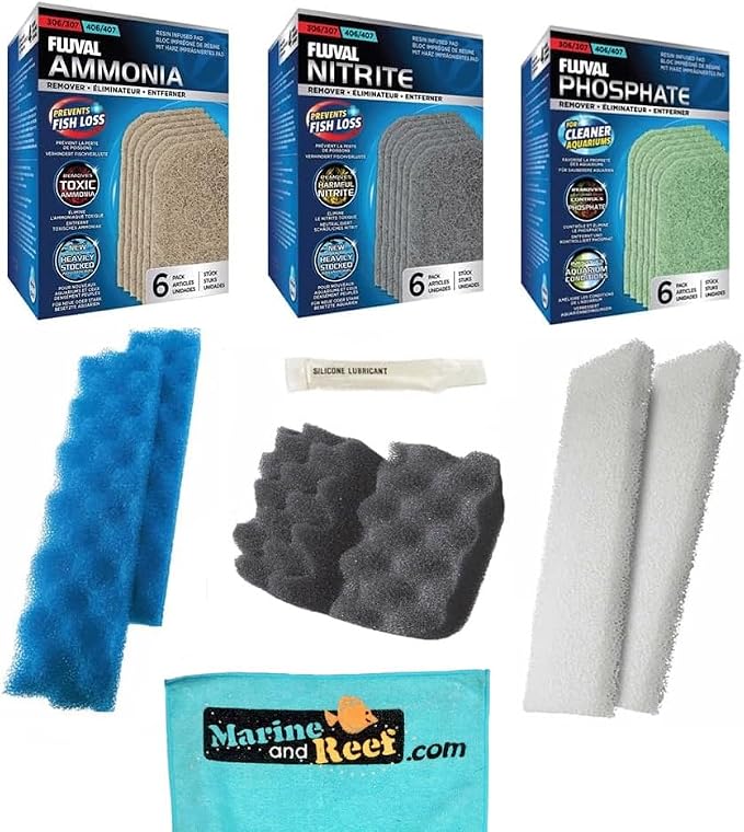 Fluval Bundle of 6 Replacement Medias for 406/407 Aquarium Filters: All Three Bio-Foams, Ammonia Remover, Phosphate Remover & Nitrite Remover + Towel & Grease