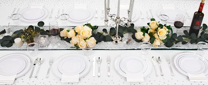 GATHER 175 Pieces Silver Plates - Disposable Silver Plastic Plates Includes 50 Plates, 75 Silverware, 25 Napkins, 25 Silver Rimmed Cups Perfect for Party & Weding