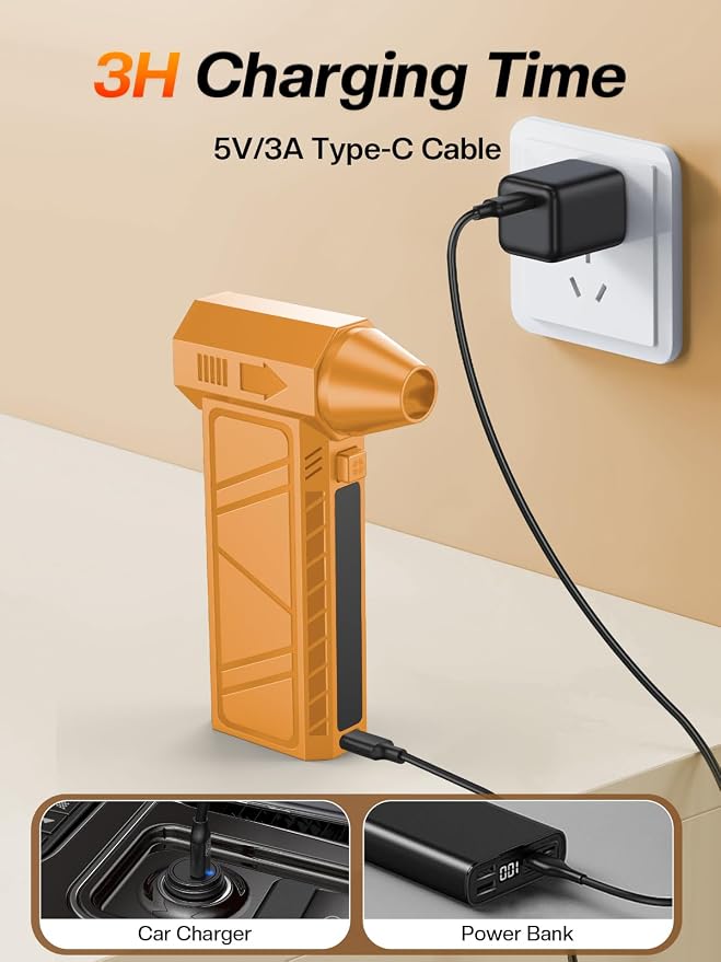 Electric Air Duster, 130,000RPM Compressed Air Duster Rechargeable with 4-Speed Settings, Mini Turbo Jet Fan Blower Portable USB-C for Keyboards PC Electronics Cars（Orange）
